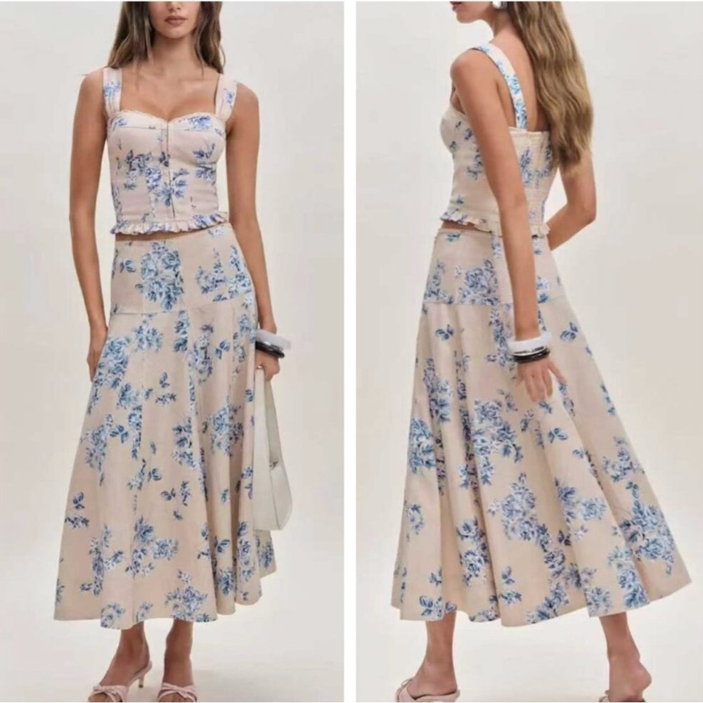Reformation Anatolia Linen 2 Piece Co- Ord Set- Skirt & Crop Top (Size 4)